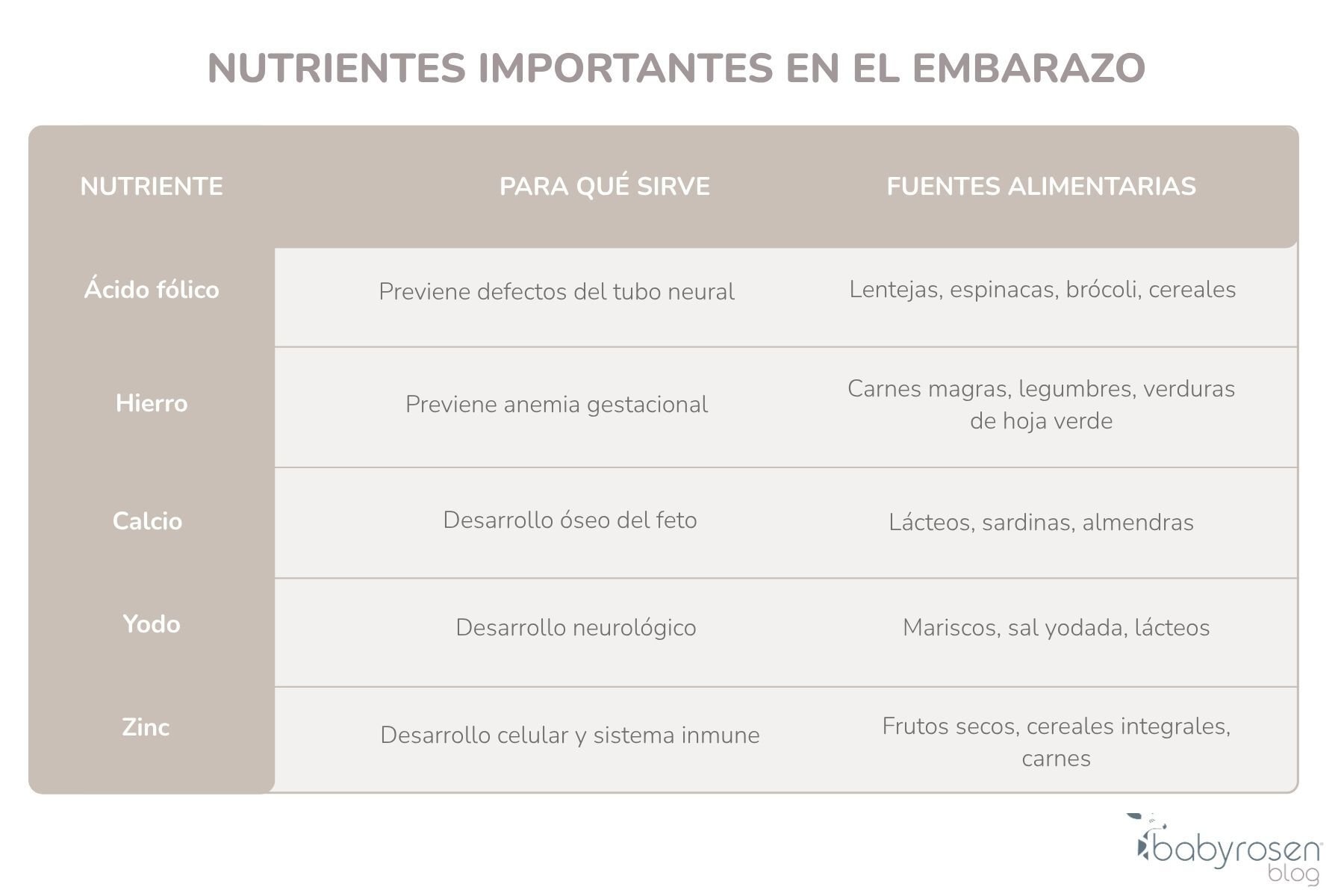 Tabla Nutrientes importantes en el embarazo